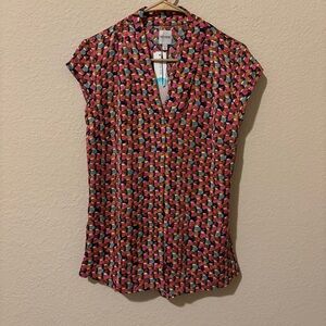 Nic & Zoe Women’s Multicolor Geometric Print Shortsleeved Blouse, Size Medium